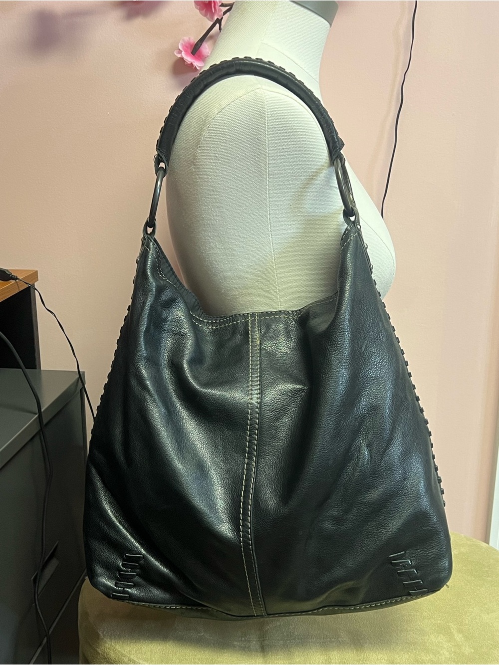 Lucky Brand Black Leather Braided-Handle Hobo